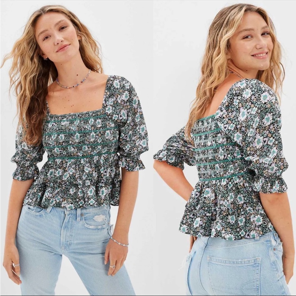 NWT American Eagle Floral Smocked Square Neck Top Blouse - Small